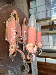 Pair Of Candlestick Sconces With Silver Beaded Shades