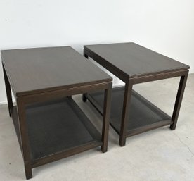 Pair Mid Century Wood And Rattan Side Tables