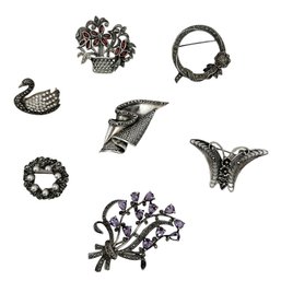 Assorted Vintage Sterling Silver Brooches With Marcasite Details 7 Pcs