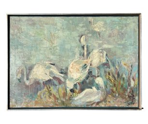 Oil On Canvas, Abstract Expressionist Landscape With Swans, Signed, Thentis