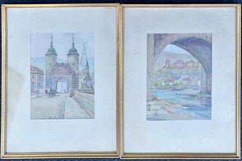 Pair Of German Landscape Watercolors, Framed And Signed