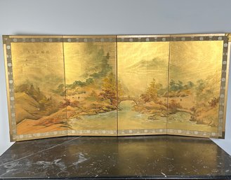 Vintage Japanese Four Panel Hand Painted Silk Folding Screen With Landscape