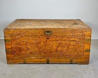 Hand Carved Chinese Camphor Trunk With Brass Hardware