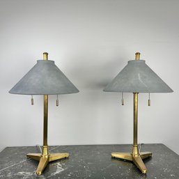 Pair Brass And Mirrored Shade Table Lamps