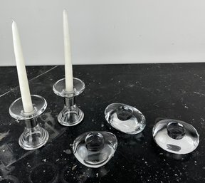 Orrefors Crystal Tea Light Holders And Pair Of Candlestick Holders