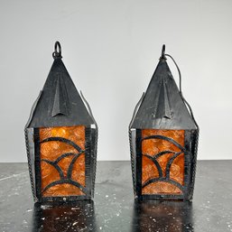 Pair Of Vintage Iron, Glass, And Mica Exterior Lantern Pendant Lights