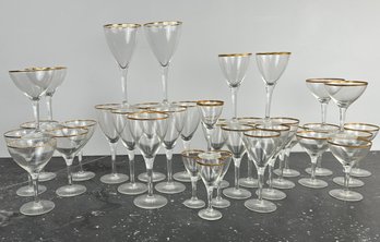 Vintage Gold Rimmed Stemware - Wine And Gimlet Glasses 35 Pieces