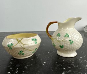 Belleek Shamrock Clover Creamer & Sugar Bowl