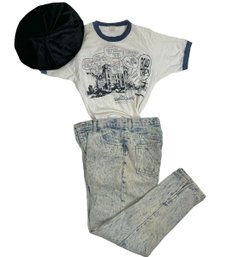 Tres Chic! Vintage Bonjour Acid Wash Denim, Ringer T-shirt And Velvet Beret