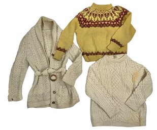 Three Hand Knit Wool Sweaters - Two Pullovers One Cardigan