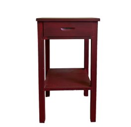 Mirror With Wooden Window Frame Painted Or Stained Red And Matching Side Table