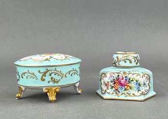 Sevres Porcelain Inkwell With Matching Footed Oval Box