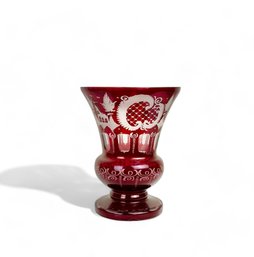 Large Moser Ruby Red Cut To Clear Etched Glass Vase