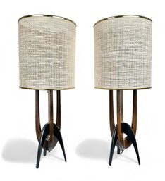 Mid Century Modern Two Tone Walnut Table Lamps, Pair