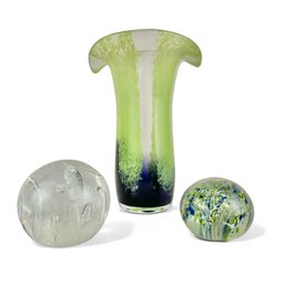 Art Glass Hand Blown Paperweights And Vase