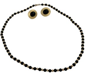 14k Yellow Gold And Onyx Earring Set And Beaded Necklace