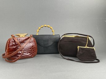 Three Vintage Hand Bags, Pebbled Leather, Calf Suede And Alligator