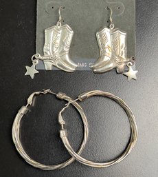 Vintage Sterling Silver Cowboy Boot, Cowgirl Hoop Earrings
