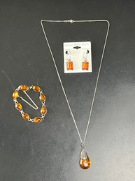 Balting Amber And Sterling Silver Jewelry Set, Necklace Bracelet, Earrings