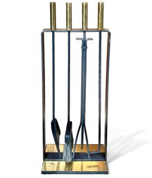 Mid Century Modern Brass And Iron Fireplace Tool Set