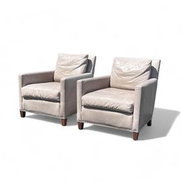 Pair, Crate And Barrel Grey Leather Arm Chairs With Nickel Nail Head Detail