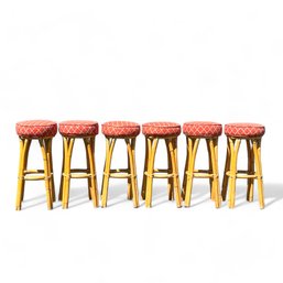 Set Of Six, Mid Century Modern, Paul Frankl Style Bamboo Rattan Bar Stools, By Bradston