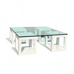 West Elm 54' Modernist White Lacquered Cube And Glass Top Coffee Table
