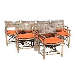 Baker Furniture, Woven Rawhide And Faux BambooDining Chairs With Orange Cushion, Set Of 8 Outdoor Arm Chairs