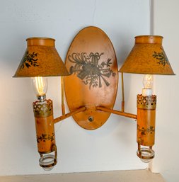 Pair Of Italian, Tole Burnt Orange Double Light Candlestick Sconces In Mustard Yellow