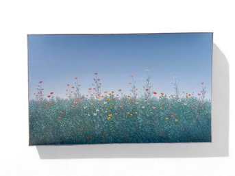 Large Original Oil On Canvas, Lonnie Leonard, Ladscape Of Wildflowers And Sky