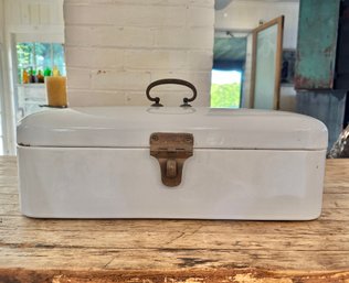 Early 20th Century German White Porcelain Enamel With Brass Hardware, Bread Storage Box