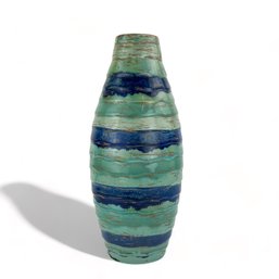 18' Tall Mid Century Modern Blue And Green Striped Pottery Vase