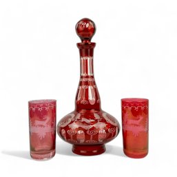 Vintage Bohemian Ruby To Clear Etched Glass Decanter And Glasses