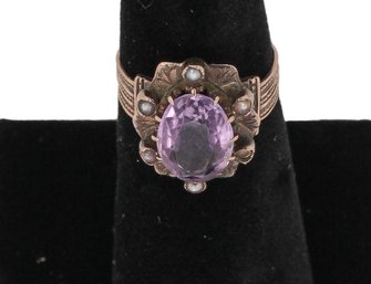 10K Gold, Amethyst And Seed Pearl Victorian Ring, Size