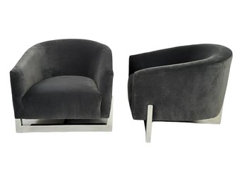 Pair, Thayer Coggin Suspender, Lounge Chairs In Grey Velvet