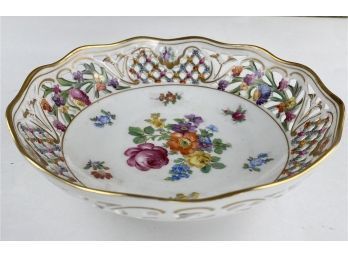 Vintage Schumann Bavaria Dresdener / Dresden Pierced Low Bowl In Floral And Gilt Pattern