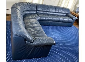 Roche Bobois Style Soft Leather Blue Sectional Curved Sofa Couch