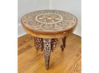 Vintage Exotic Wood And Bone Inlay Elephant Leg Table, Brought Back From Travels To India