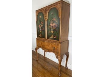 Vintage Antique Burl Wood, Cabriole Leg Buffet With Hand Painted Floral Urn Motif By Stiehl Furniture