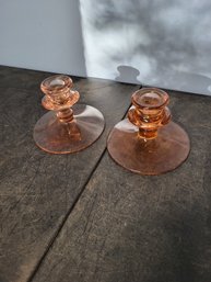2 Vtg Vaseline Depression Glass Candle Holders