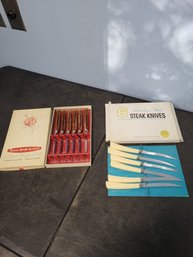 Vtg Steak Knifes Shell Advertising And Regent And Sheffield Sets In Boxes Nice! Mcm