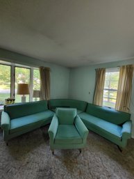 GREAT  1960S VINTAGE MID CENTURY MODERN TURQUOISE MODERN CORNER SOFA WITH CHAIR!!!