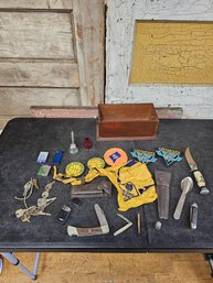 Vtg Junk Drawer Lot Wood Box Boy Scouts Patches Knifes And More!! JB