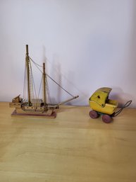 Vtg Wood Toy Stroller And Wood Boat A1