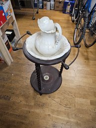 Vtg Wash Basin With Pitcher And Wood Stand