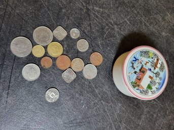 Vtg Foreign Coin Lot With Trinket Dish B1