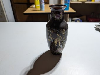 Vtg Black Vase Floral Peacock Paint