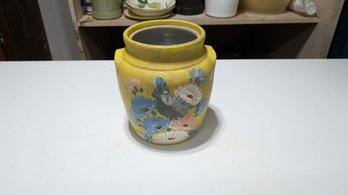 Vtg Yellow Floral Painted Stoneware Planter