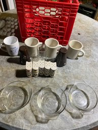 Lot Of Vtg Glassware Spice Holders Ect. Red Milk Crate