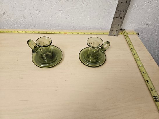 2 Green Glass Candle Holders With Bubbles In The Glass On The Bottom (See Picture)
